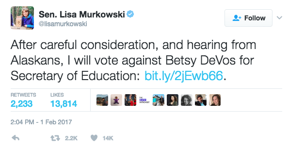 Image Sen. Murkowski tweet about Betty DeVos