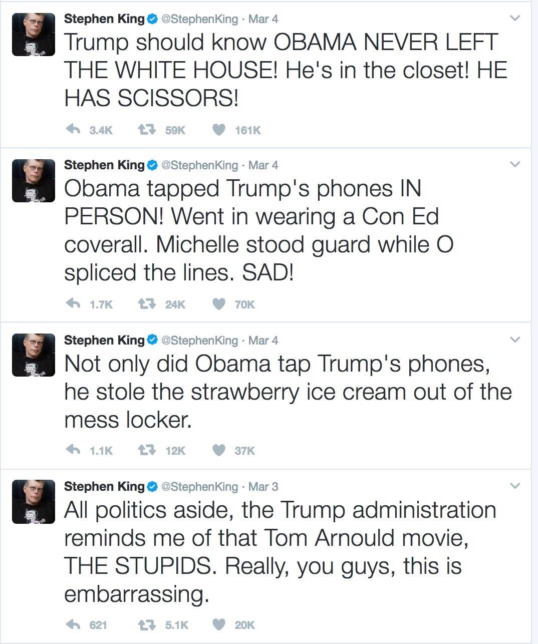 Image Stephen King tweets re Trump Obama wire tap claims MAR4