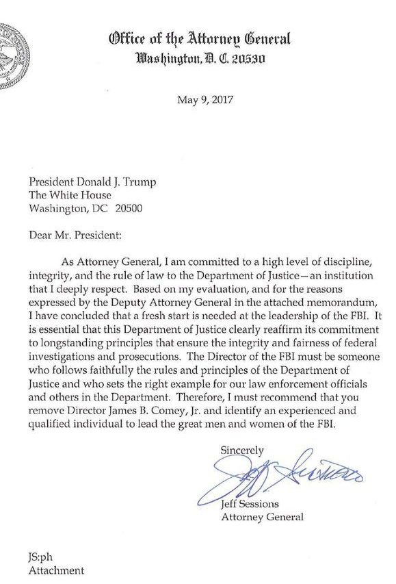 Attorney General Jeff Sessions letter May 9