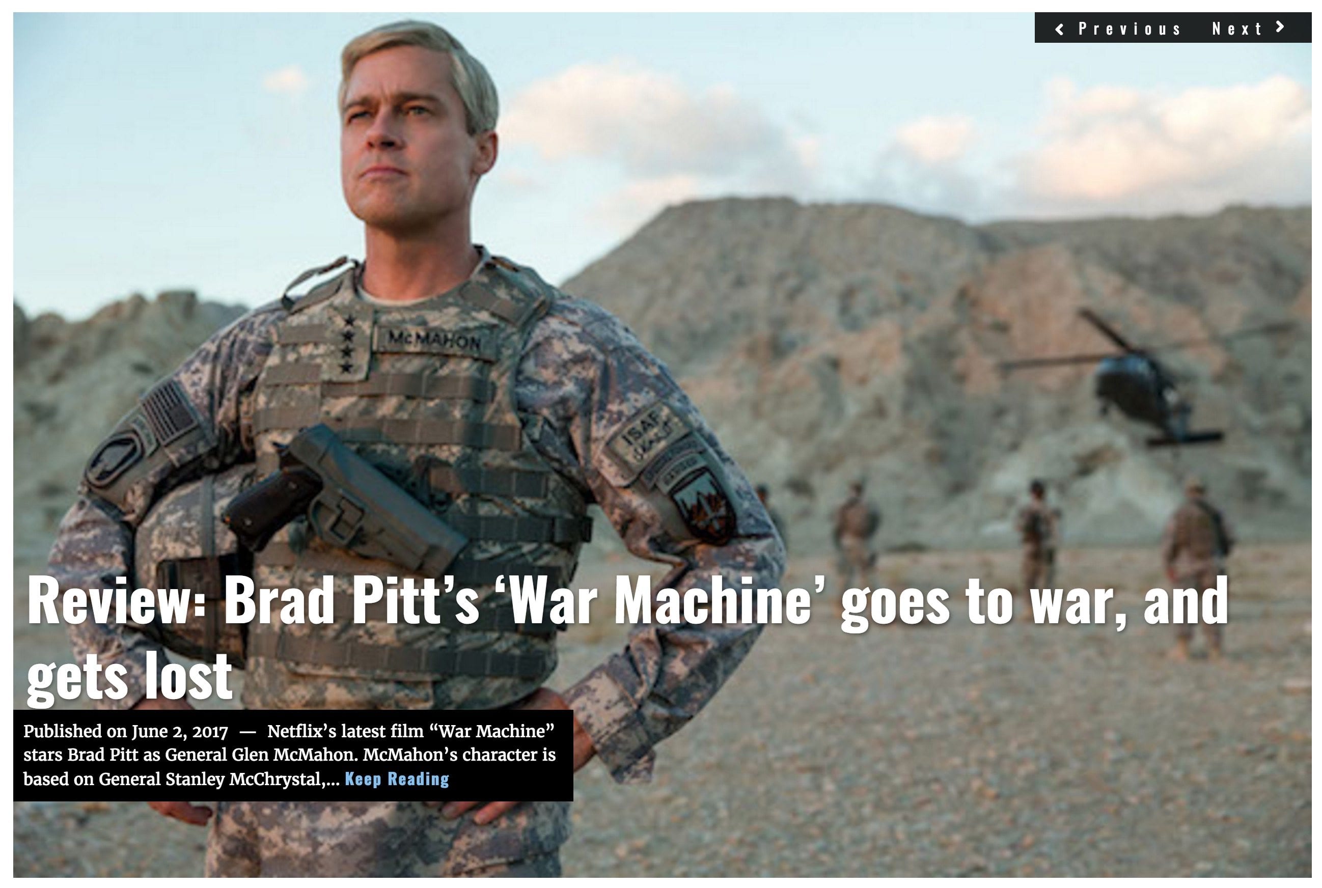 Image Lima Charlie News headline June 2, 2017 'Review: Brad Pitt's War Machine goes to war, and gets lost'