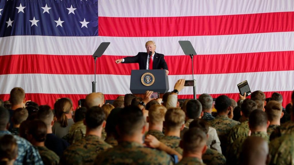 Image President Trump gives a speech to US military personnel in Italy, May 2017 (Reuters). 