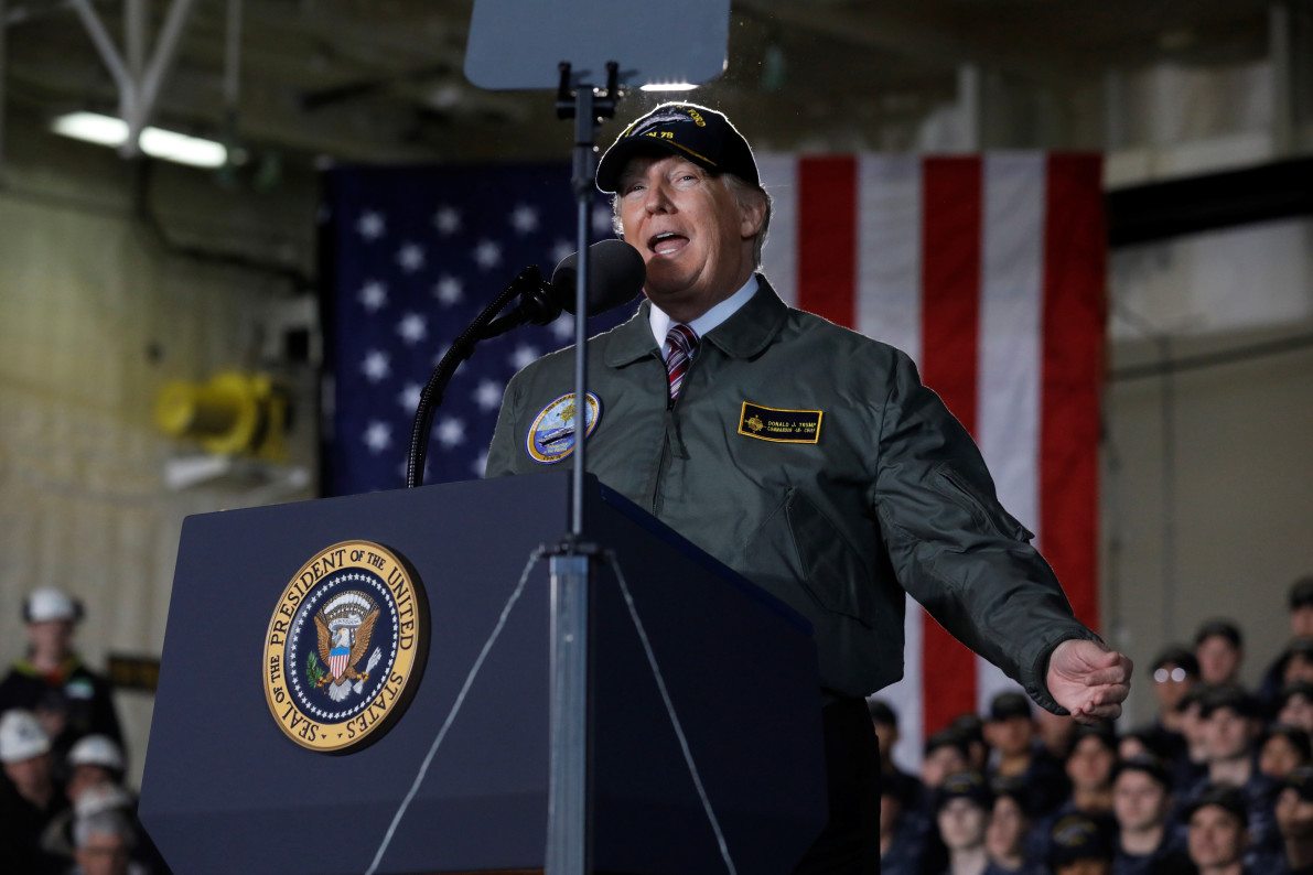 Image Trump delivers remarks aboard the pre-commissioned U.S. Navy aircraft carrier Gerald R. Ford in Newport News, Virginia