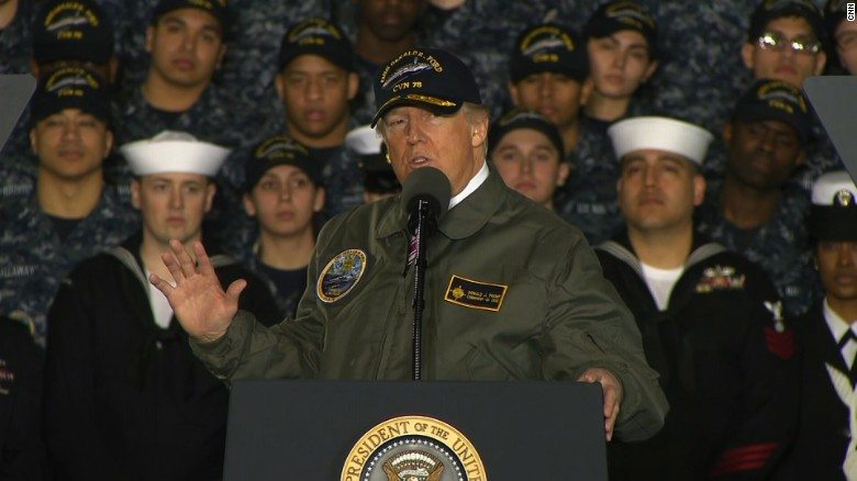 Image President Trump speaks aboard nuclear aircraft carrier Gerald R. Ford, March 2, 2017 [AP Photo / Steve Helber]