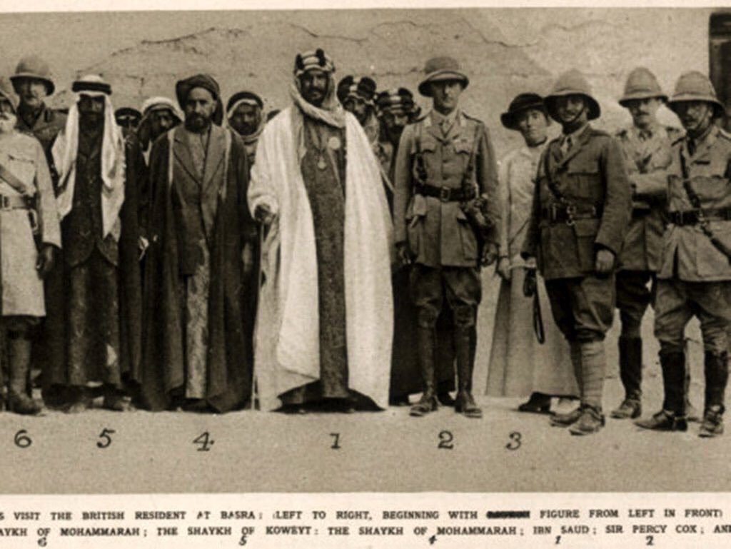 Image Sir Percy Cox and Gertrude Bell meet with Abdal-Aziz Al-Saud, future king of Saudi Arabia Shaykh of Kuwait and Shaykhs of Mohammarah.