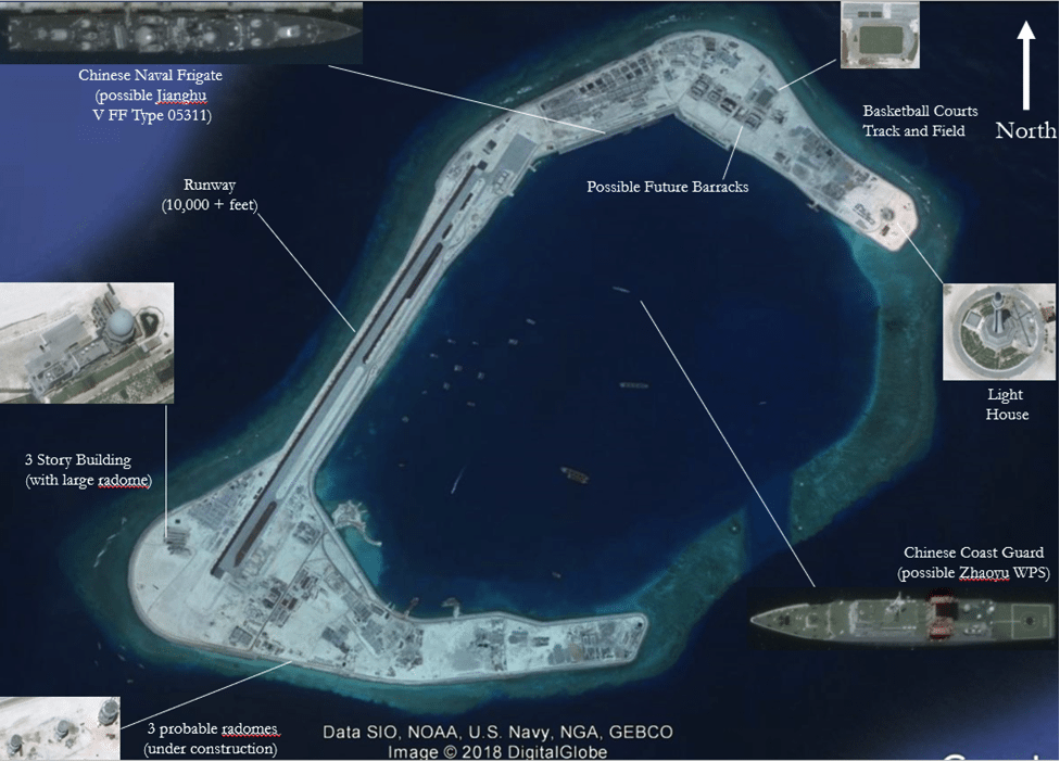 Image (Raw Imagery of Subi Reef from Google Earth, April 30, 2016; graphic overlay by David Firester, Lima Charlie News)
