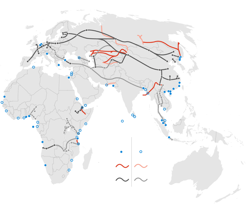 Image (Designs for the Belt and Road Initiative - adapted from a Mercator Institute for China Studies, Map: Lazaro Gamio / Axios)