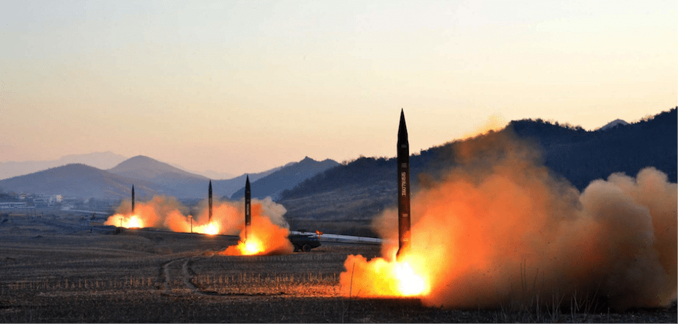 Image (Undated picture released by North Korea's Korean Central News Agency shows the launch of four ballistic missiles by the Korean People's Army during a military drill)