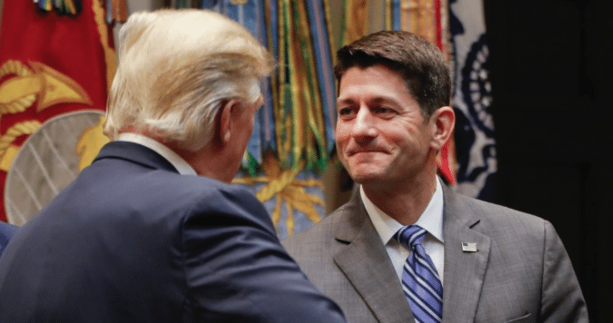 Image (Following a meeting in the Roosevelt Room of the White House between House and Senate leadership, Paul Ryan shakes hands with President Trump. | Source: AP)