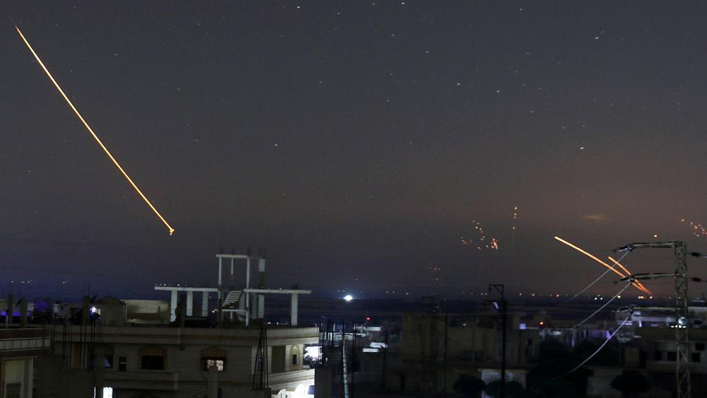 IMage [Israeli missiles over Damascus, May 11, 2018, via Syrian state television]