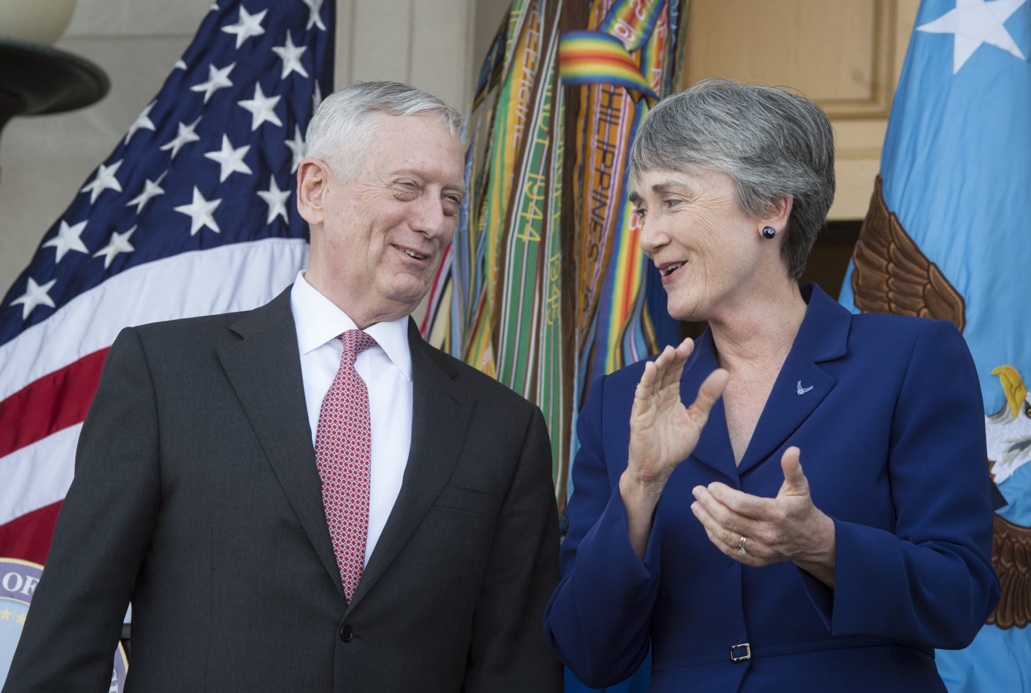 Image Secretary of Defense James Mattis with Secretary of the Air Force Heather Wilson after her swearing-in ceremony May 16, 2017. Mattis originally opposed the Space Force for budgetary concerns, but has since voiced support for establishing a new combatant command for space (DOD photo by Air Force Tech. Sgt. Brigitte N. Brantley)