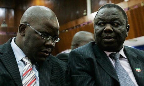 Image Morgan Tsvangirai (l) and Tendai Bitti, April 12, 2008, attend opening session of Southern African Development Community (SADC) in Lusaka, Zambia (Photo: Gianluigi Guercia) 