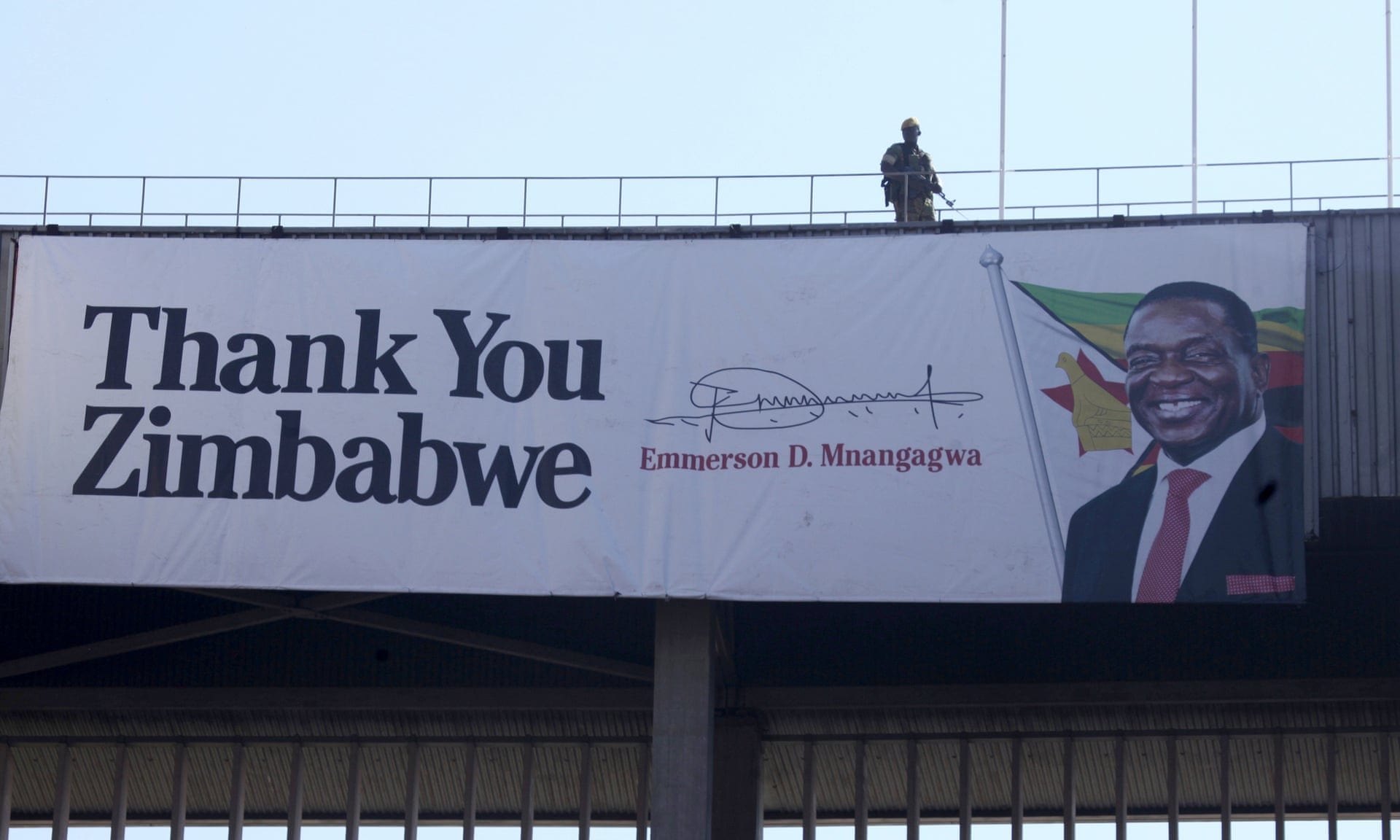 IMage A soldier stands guard during the inauguration ceremony of Emmerson Mnangagwa, at the National Sports Stadium in Harare. [Photo: Tsvangirayi Mukwazhi / AP]