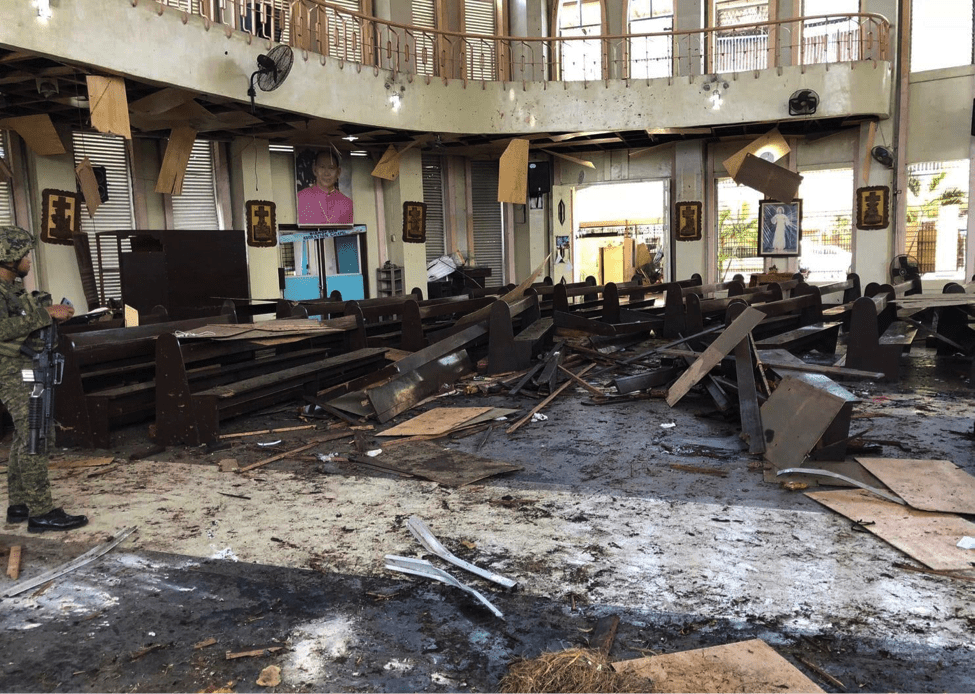 Image [Aftermath of the suicide attack on the Cathedral on the island of Jolo, the Philippines, on January 27, 2019. (Credit: Armed Forces of the Philippines)]