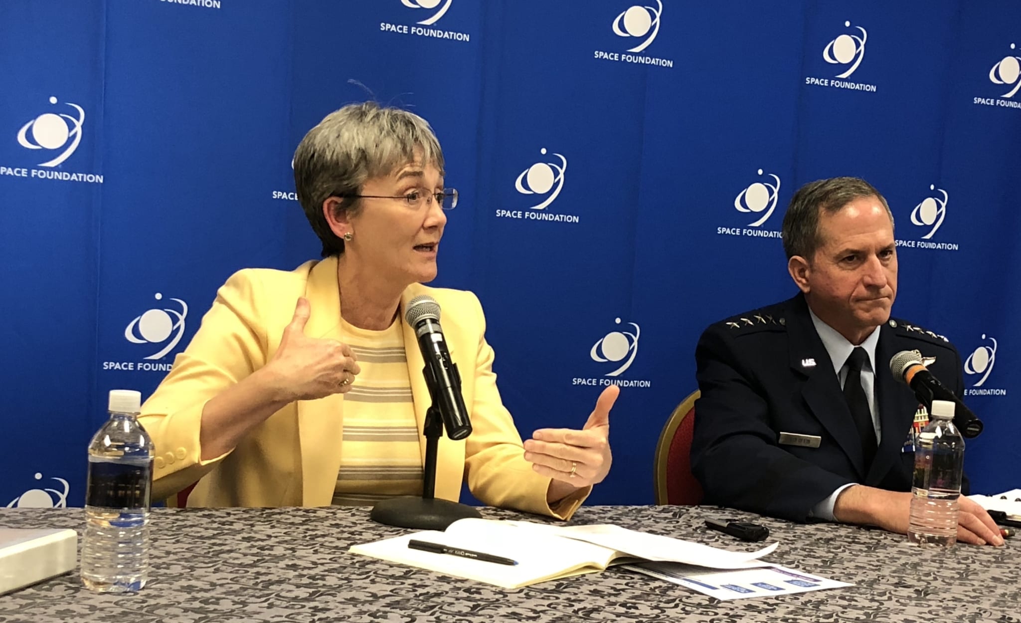 IMage Secretary of the U.S. Air Force Heather Wilson and USAF Gen. David L. Goldfein at the 34th Space Symposium in 2018.