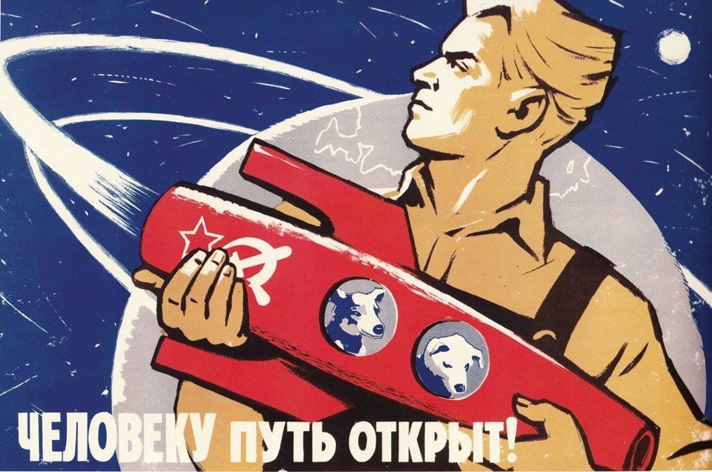 Image A 1960 USSR space propaganda poster by the artist K. Ivanov, featuring Strelka and Belka. The text reads, “The way is open to man!”