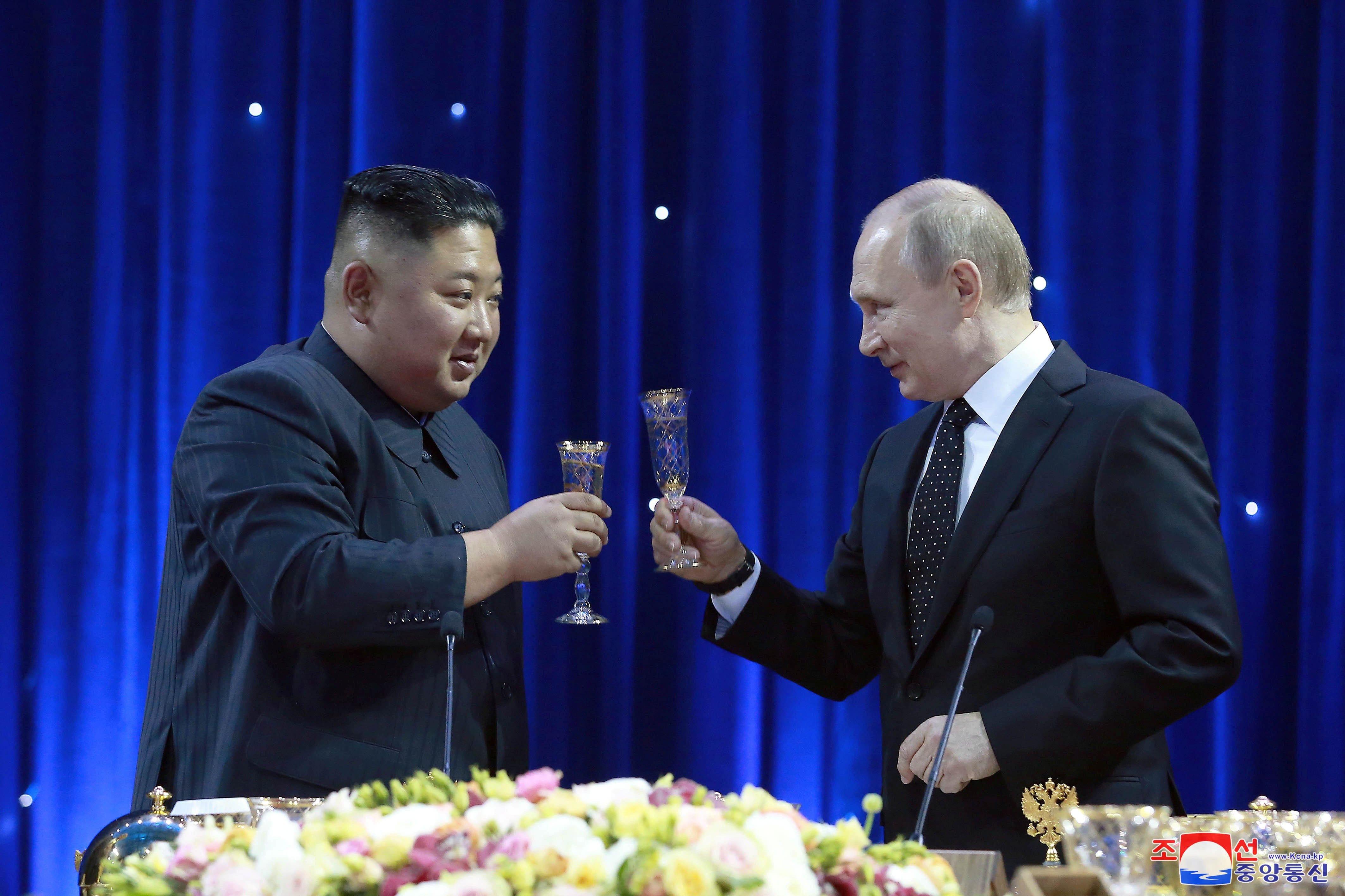 Image orth Korean leader Kim Jong Un and Russian President Vladimir Putin attend an official reception following their talks in Vladivostok, Russia in this undated photo released on April 25, by North Korea's Central News Agency (KCNA). -- Pix: KCNA via REUTERS