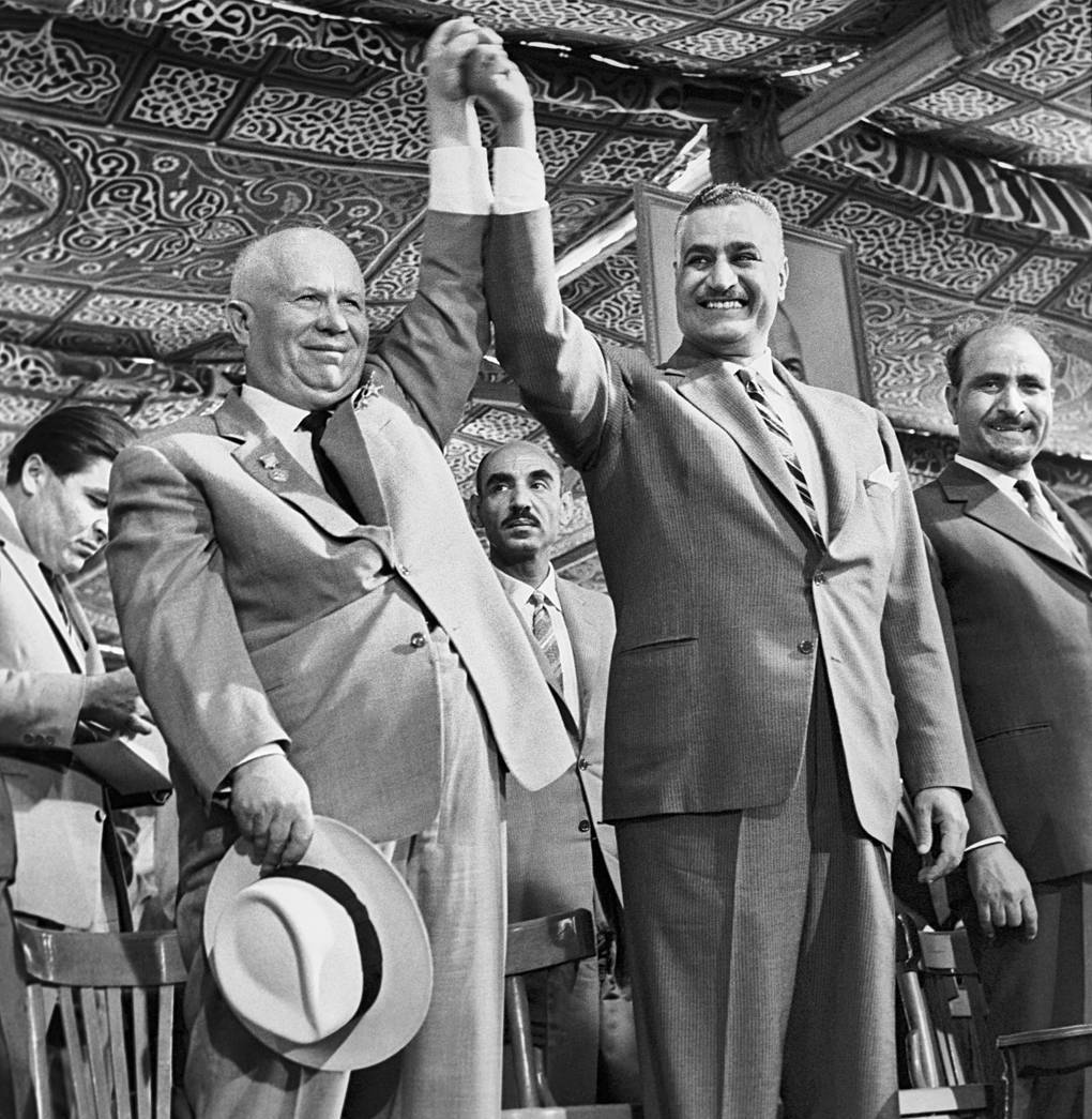 [President of Egypt Gamal Abdel Nasser greets First Secretary of the Central Committee of the Communist Party of the Soviet Union Nikita Khrushchev (L) during his visit to the United Arab Republic in 1964. (Photo Vasily Yegorov / ITAR-TASS)]